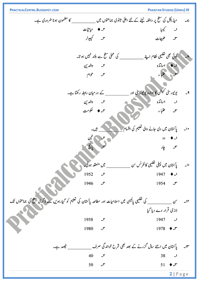 education-in-pakistan-mcqs-pakistan-studies-urdu-9th