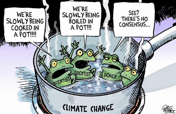 Greg Perry: climate change frogs in a pot.