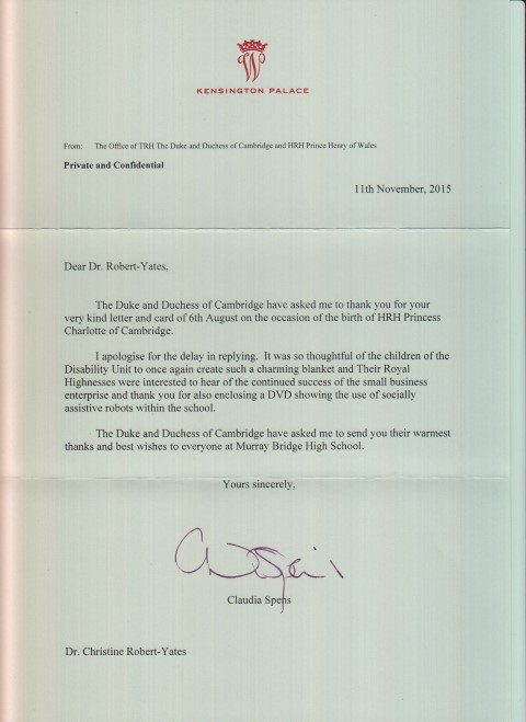 A Letter of Appreciation from their Royal Highnesses, the Duke and Duchess of Cambridge