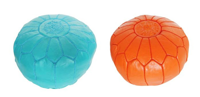 Turquoise and orange leather Moroccan Poufs from Nbaynadamas