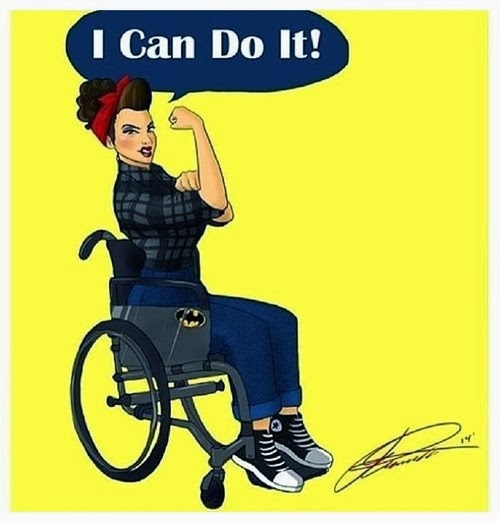 Pinup style woman in wheelchair, flexing her right arm, with word balloon saying "I Can Do It!"