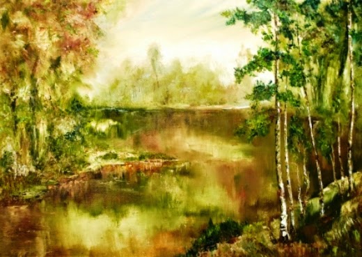 original oil painting on canvas Birch. Landscape in Beige Tones