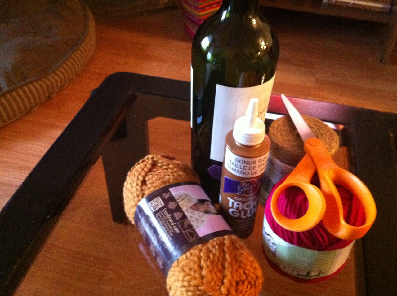 3000 miles north & back Yarn wrapped wine bottle