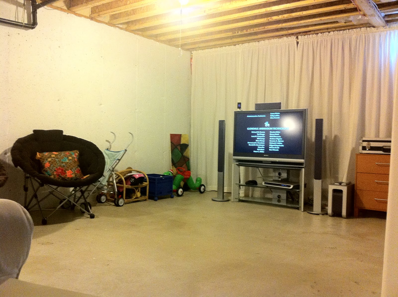basement unfinished area budget walls ceiling curtains basements finishing decorated flooring cheap treadmill creative diy playroom painted sheet put garage
