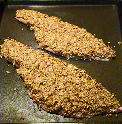 Fish with Dukkah Honey Crust on Baking Sheet