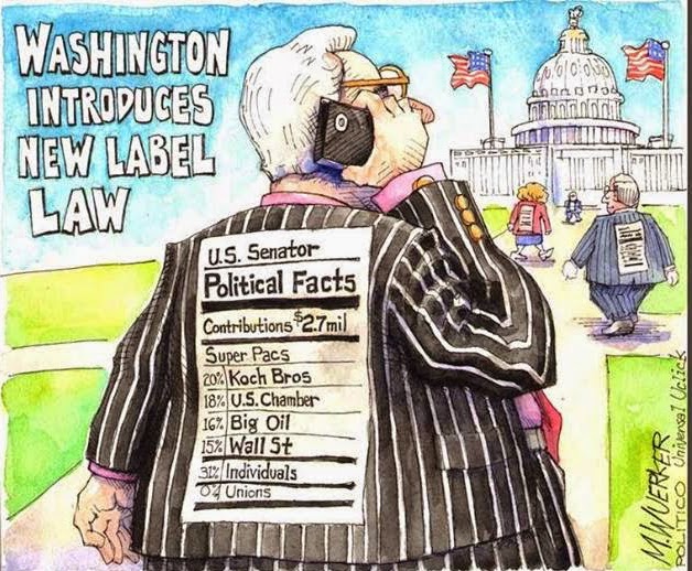 Congressman with label on back of his coat telling who gives him how much campaign money.  Caption:  Washington introduces new truth-in-labeling law.