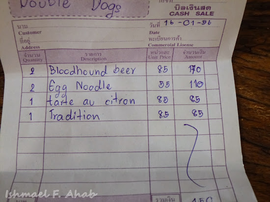 Our receipt from Double Dogs Tea Room, Bangkok Chinatown