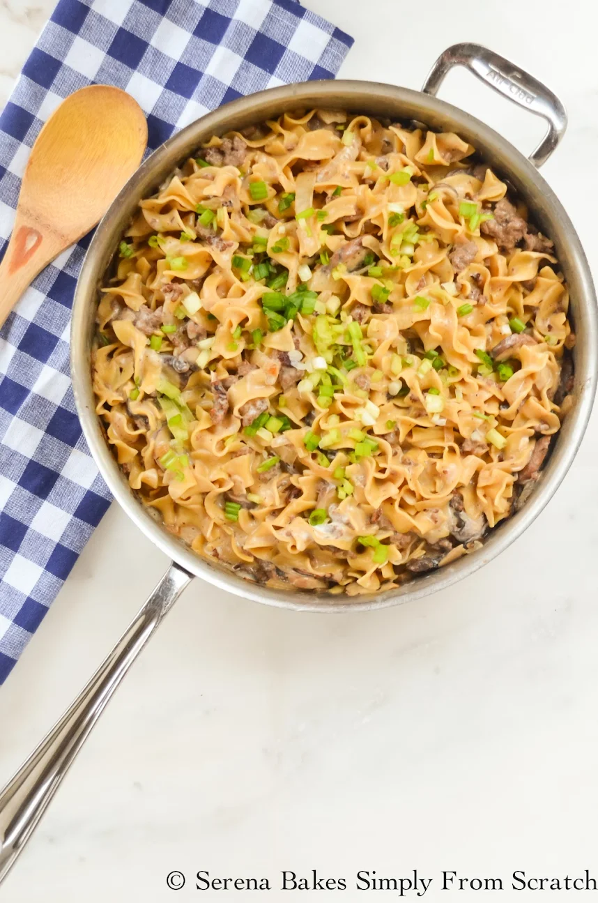One Skillet Hamburger Beef Stroganoff is an easy to make family favorite.