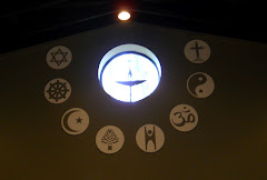 Chalice window and symbols of world religions.  BBUUS, Orange Park, FL.