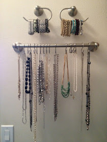Organize jewelry with towel bar and toilet paper holders :: OrganizingMadeFun.com