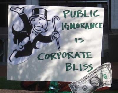 Monopoly's Mr Moneybags with words Public ignorance is corporate bliss