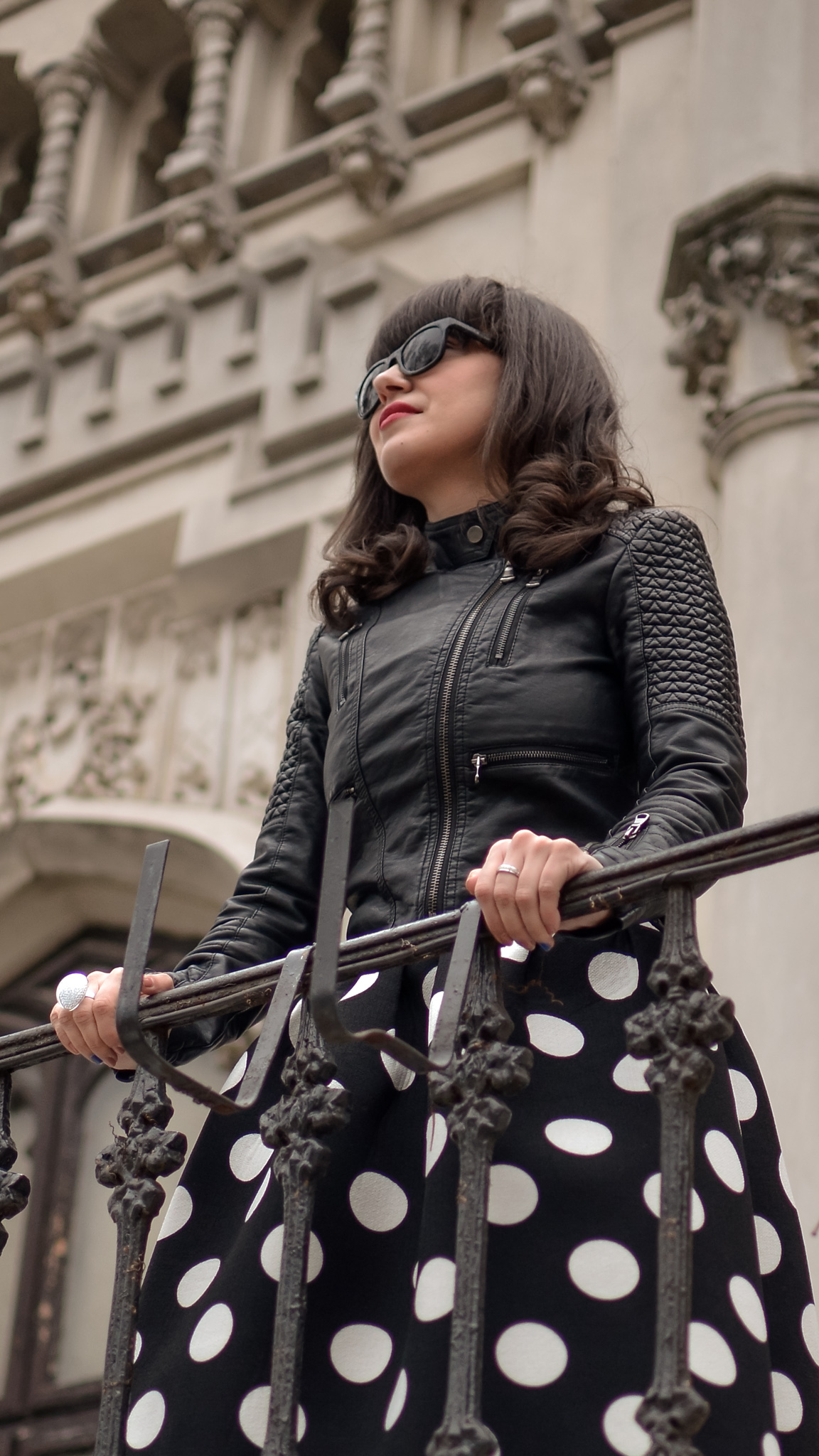 big polka dots puffed up skirt sheinside rock leather jacket burgundy boots black & white cats t-shirt spring new yorker