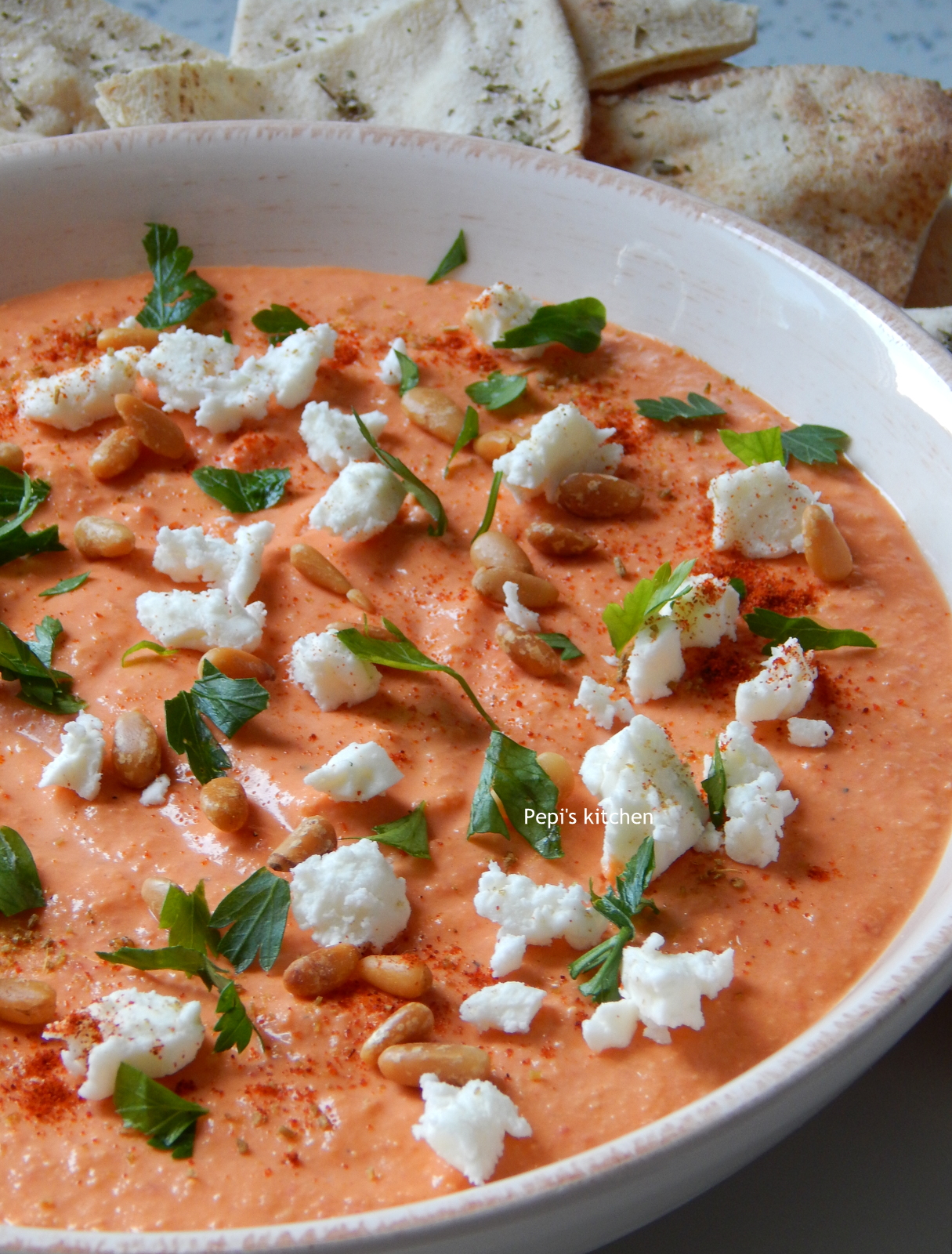 Pepi's kitchen in english Hummus with Roasted Red Peppers and Feta Cheese