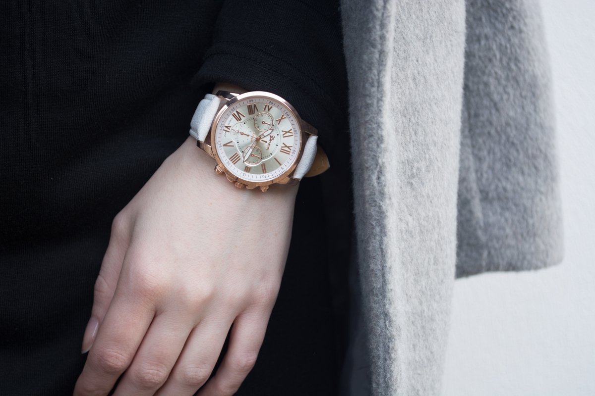 all black outfit winter grey wool boyfriend coat white rose gold watch womens