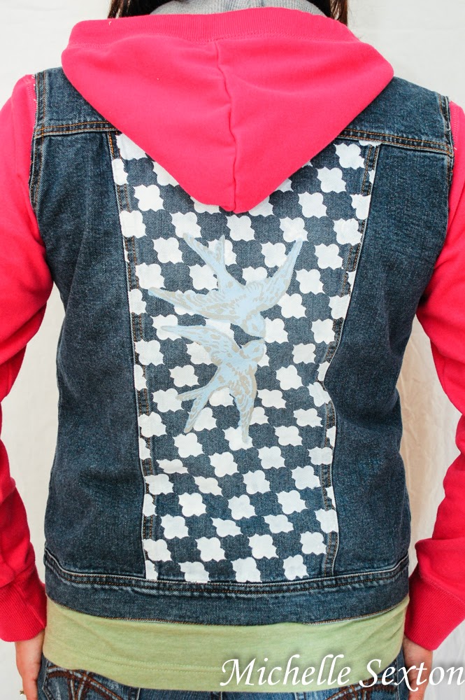 Add flair to your denim jacket with a set of layered swallow stencils from Stencil1 - click through and learn more at SoHeresMyLife.com
