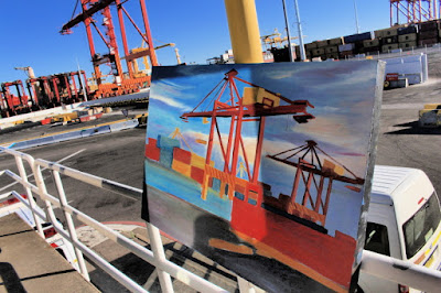 plein air oil painting by artist Jane Bennett of the last non automated straddle cranes operating at Patrick Terminal Port Botany