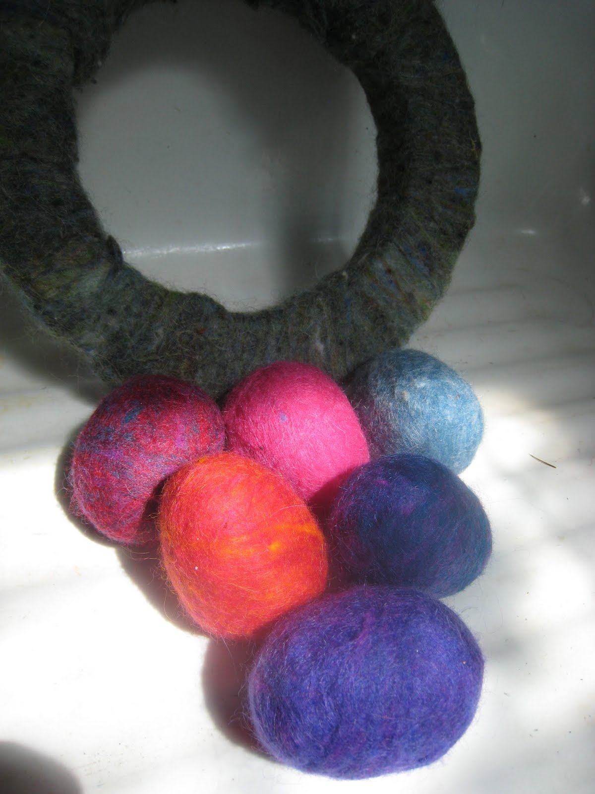 Karey's Overflow Felting Over Styrofoam Eggs and Wreath