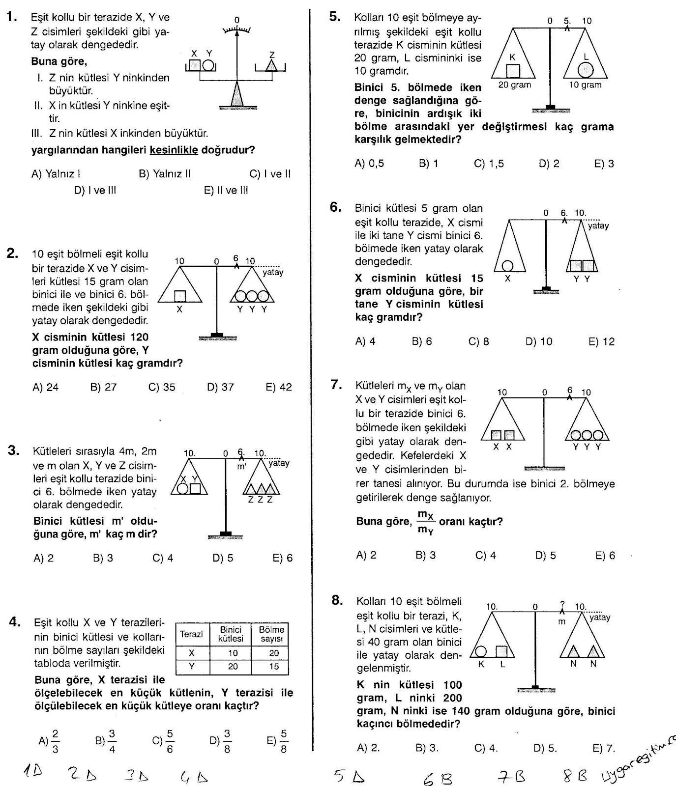 fizik yaprak test esit kollu terazi