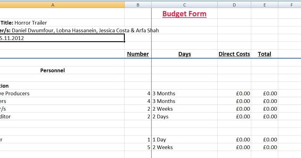 Digital Media Foundations PreProduction Budget Form