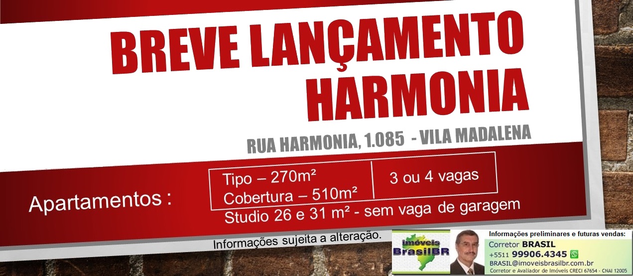 HARMONIA Vila Madalena - Aptos. de 270m²/Coberturas de 510m² /Studios de 26 e 31m².V.Madalena-SPaulo