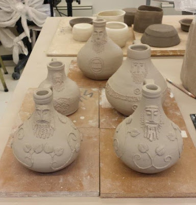 Bartmann or Bellarmine ceramic pottery jugs, in progress.