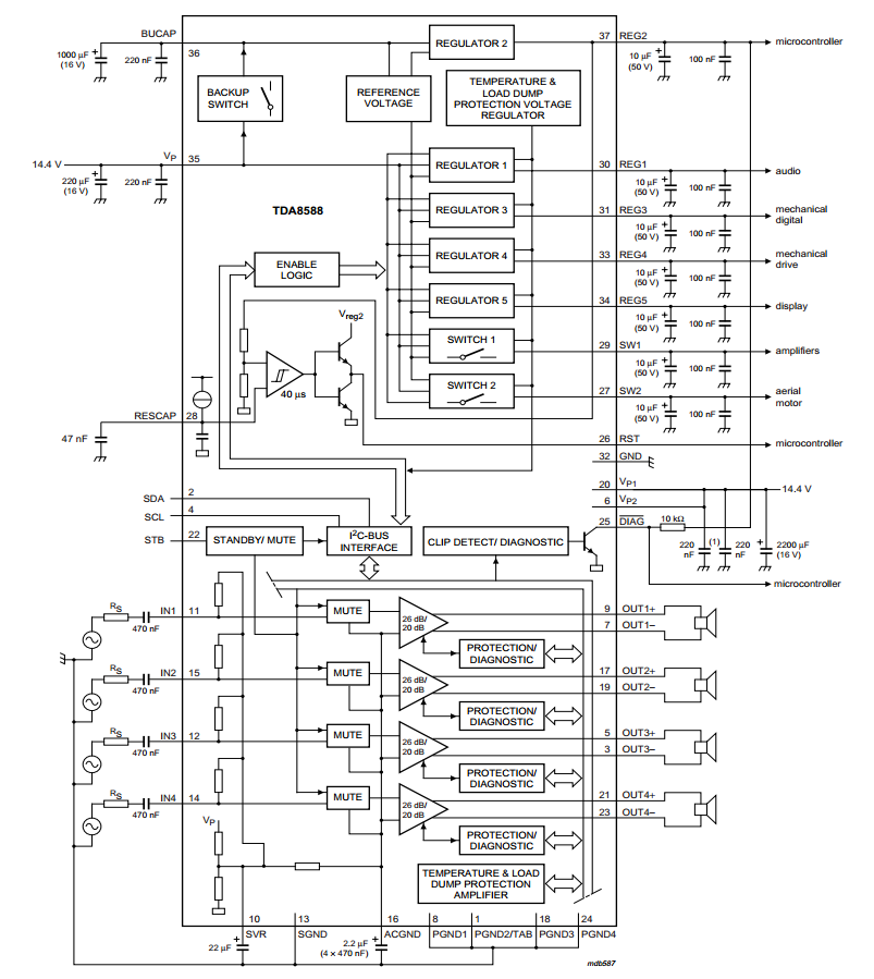 4 x 50 Watt power amplifier and multiple voltage regulator Wiring And Schematic