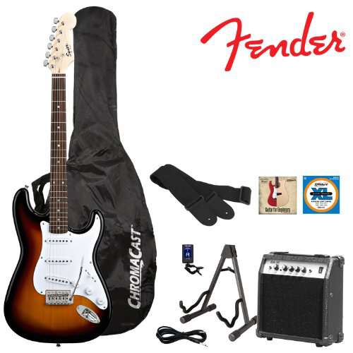 Fender Sunburst Electric Strat Guitar Kit - Includes: Guitar Stand, Strap, Gig Bag, 10-Watt Amp, 10-Foot Cable, Tuner, Strings, and GoDpsMusic Pick Sampler
