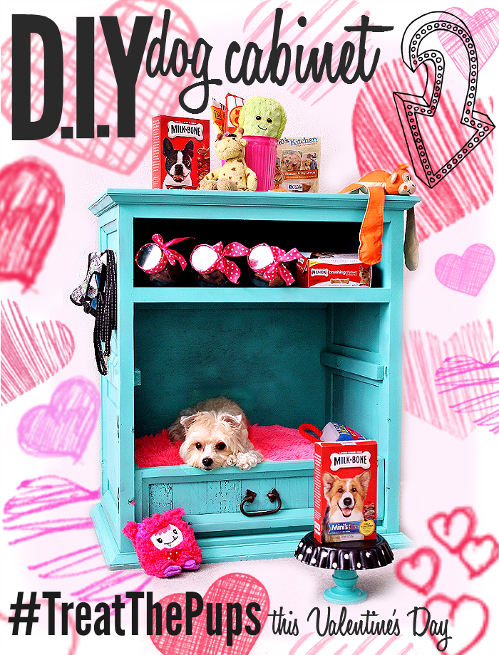 #TreatThePups this Valentine's Day with a D.I.Y Dog Cabinet- Turn a second-hand dresser into a pet bed and treat station with a few coats of paint and some Milk-Bone jars! A side table turned upside down or an oversized drawer with a large floor pillow will also double as a shabby chic dog bed when painted! Spread the love this Valentine's Day and find more inspiration with hashtag #TreatThePups and Big Heart Pet treats! #Ad #CollectiveBias
