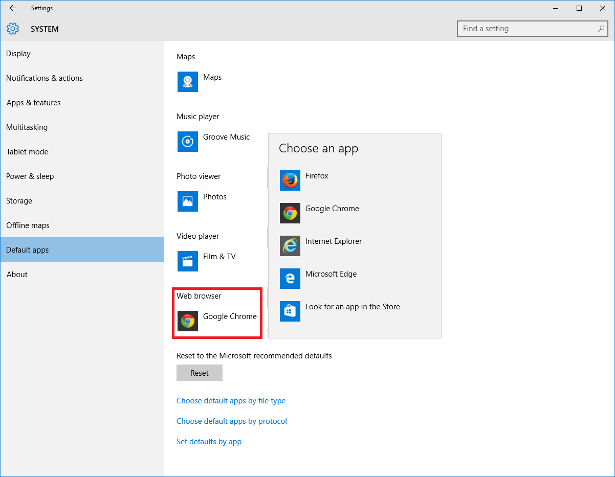 Image result for default apps for windows 10 for web to chrome