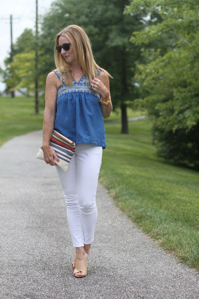 madewell top, old navy jeans, loft clutch, tory burch wedges