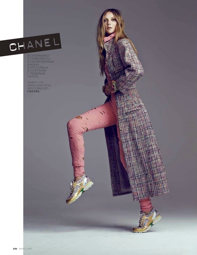 Marie Claire Russia September 2014, Heather Marks Chanel 2014 AW Pink Cropped Top and Matching Leggings with Cutouts