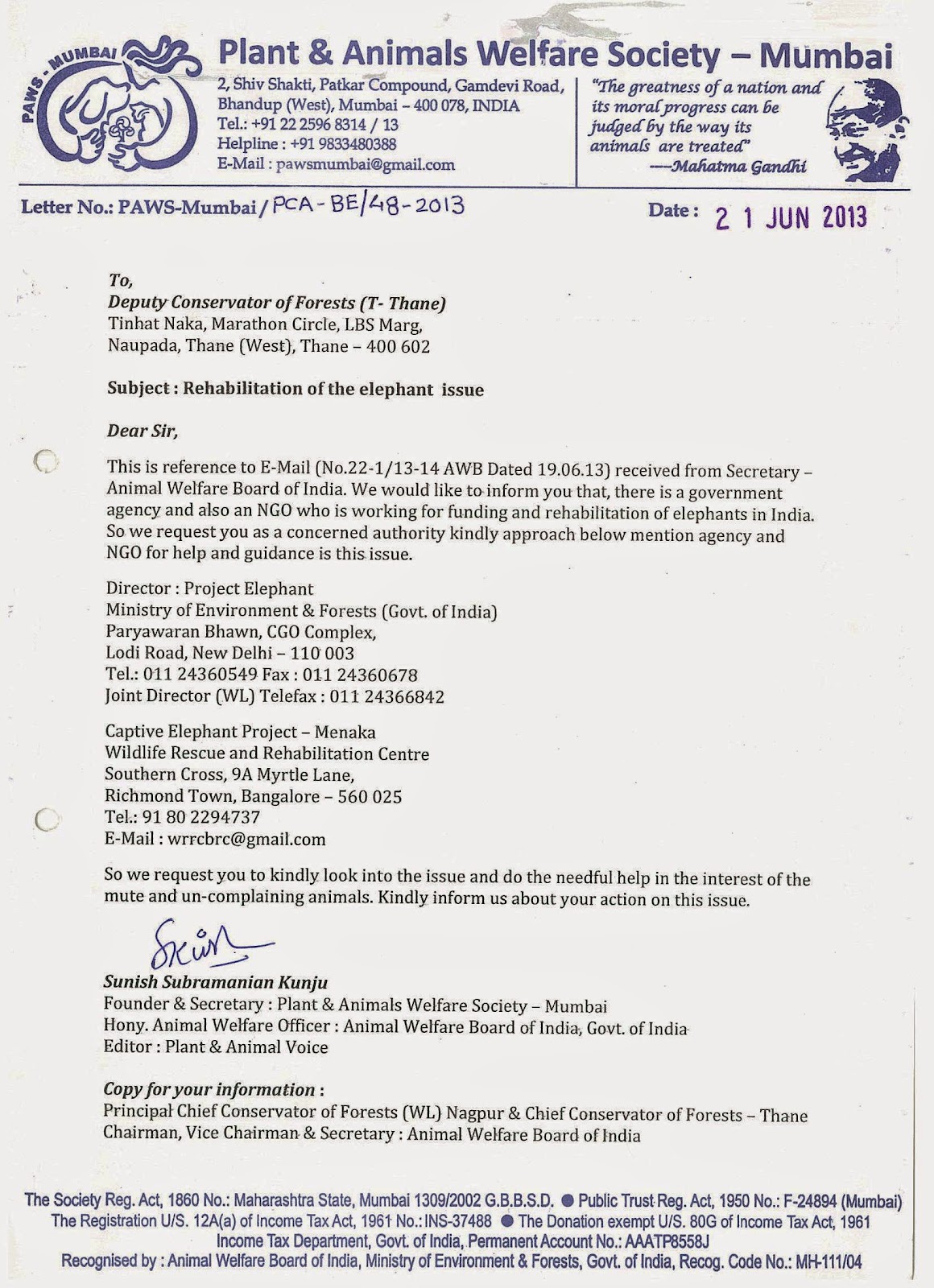 SAVE JUMBO: PAWS-Mumbai Letter to DCF Thane in regards to Rehabilitation of  the elephant issue