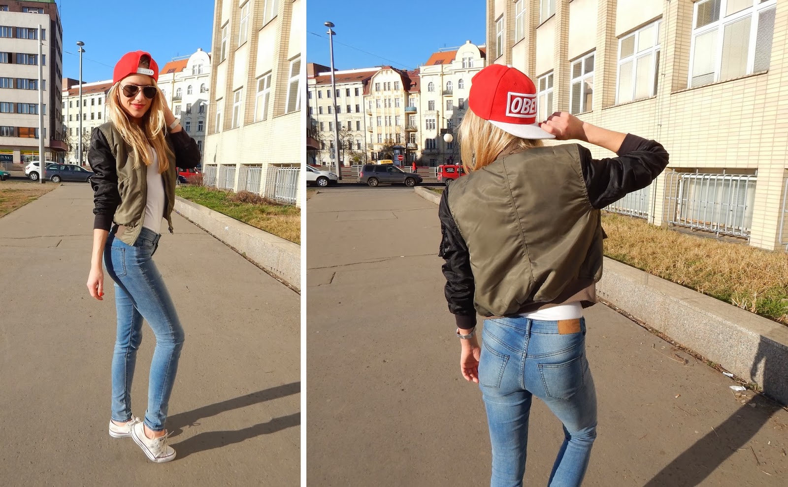 Adela K Obey Snapback, H&M Bomber Jacket, Converse Allstars Sun