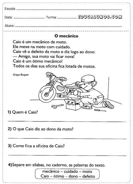 Atividades de interpretação de texto sobre o Mecânico Caio