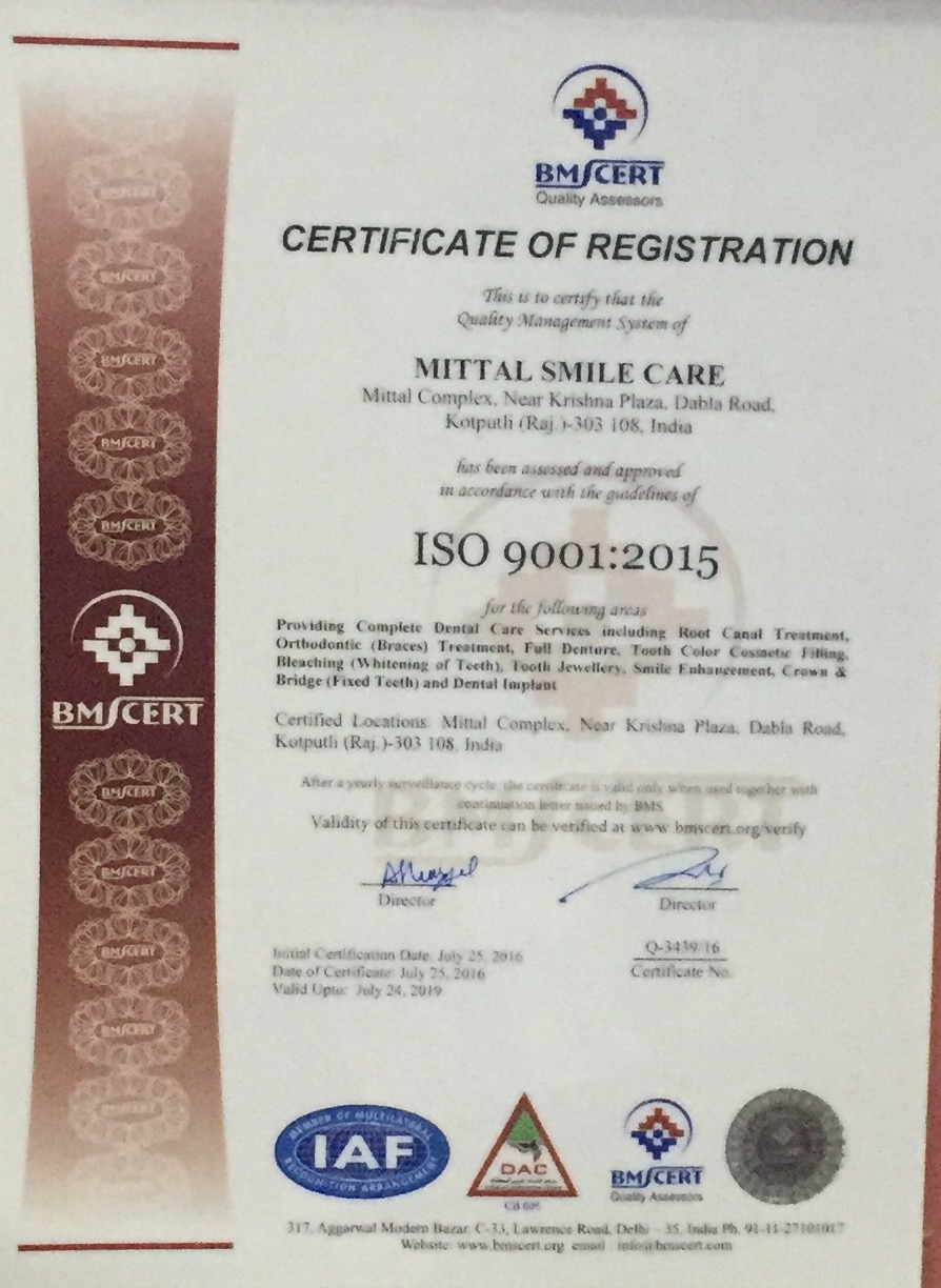 mittal smile care - ISO certificate