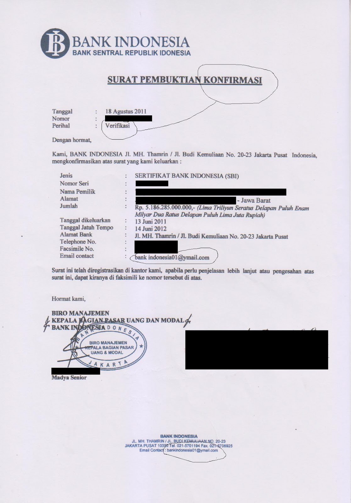 Contoh Surat Pengalihan Deposito Bank Indonesia