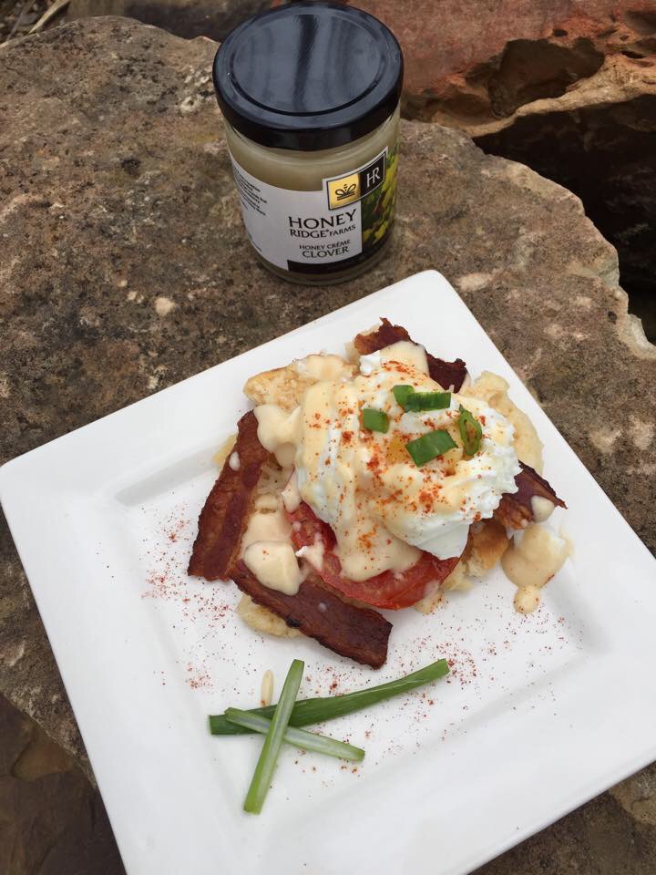 37 Cooks Bacon, Egg, Cheese and Tomato Biscuit Stacks with a Honey “Hollandaise” Sauce A