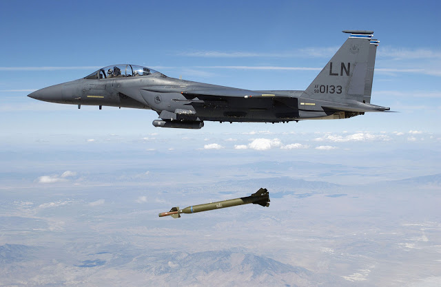 Bunker buster bombs like this one are the biggest thing on Israel's weapons shopping list recently -- but they're not the only thing. Photo source: U.S. Air Force. USAF F-15E releases GBU-28