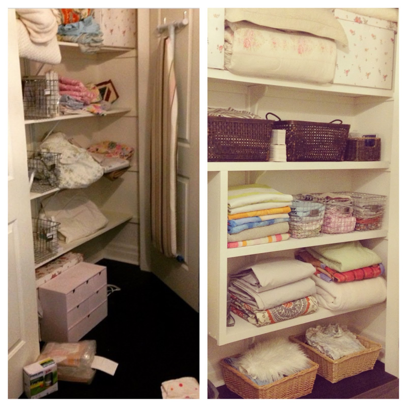 White Wood linen closet organization