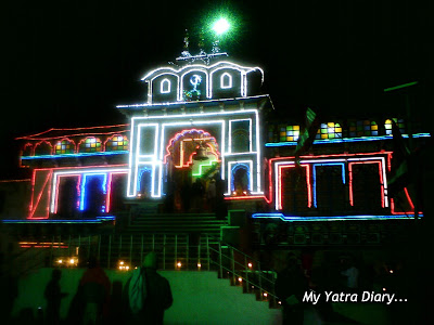 The Badrinath Temple glowing in the colorful Diwali lights in Garhwal Himalayas in Uttarakhand