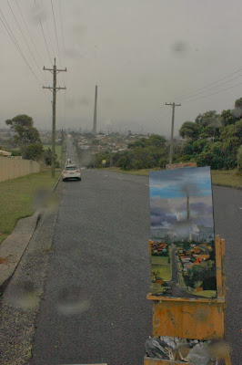 Urban decay - plein air oil painting of the Port Kembla Copper stack by industrial heritage artist Jane Bennett