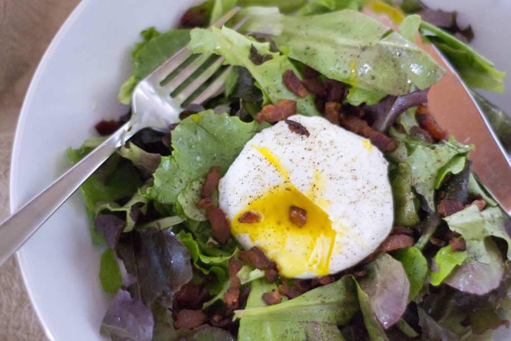 The World in My Kitchen Green Salad with Poached Egg, Bacon and