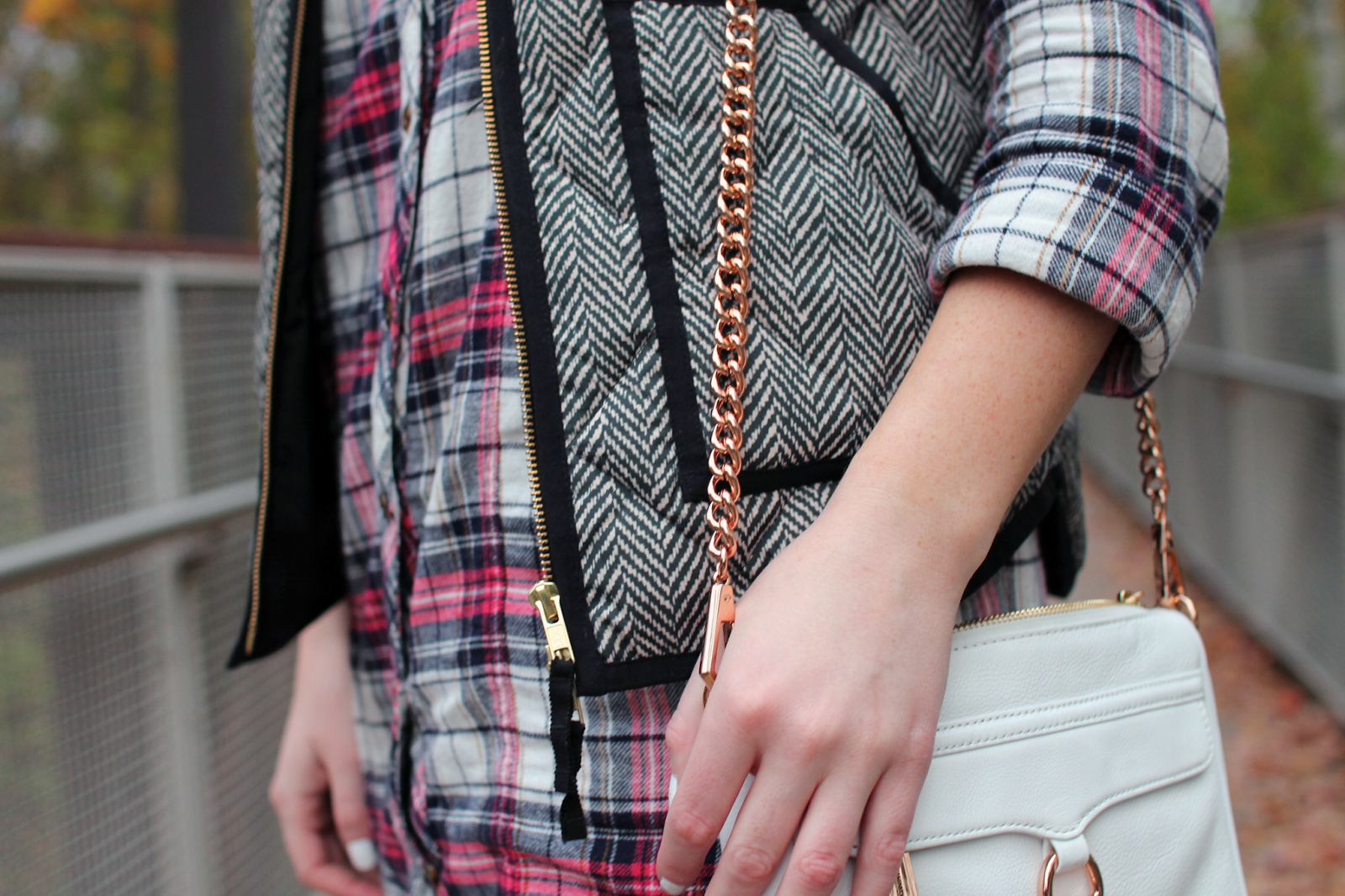 Forever 21 Flannel Top, J.Crew Puffer Vest, Herringbone vest, flannel fall layers