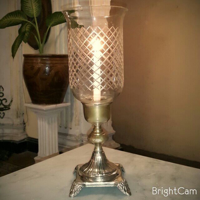 Fine Silverplated Base Candle Lamp With Fine Cut Crystal Hurricane Lamp Sha...