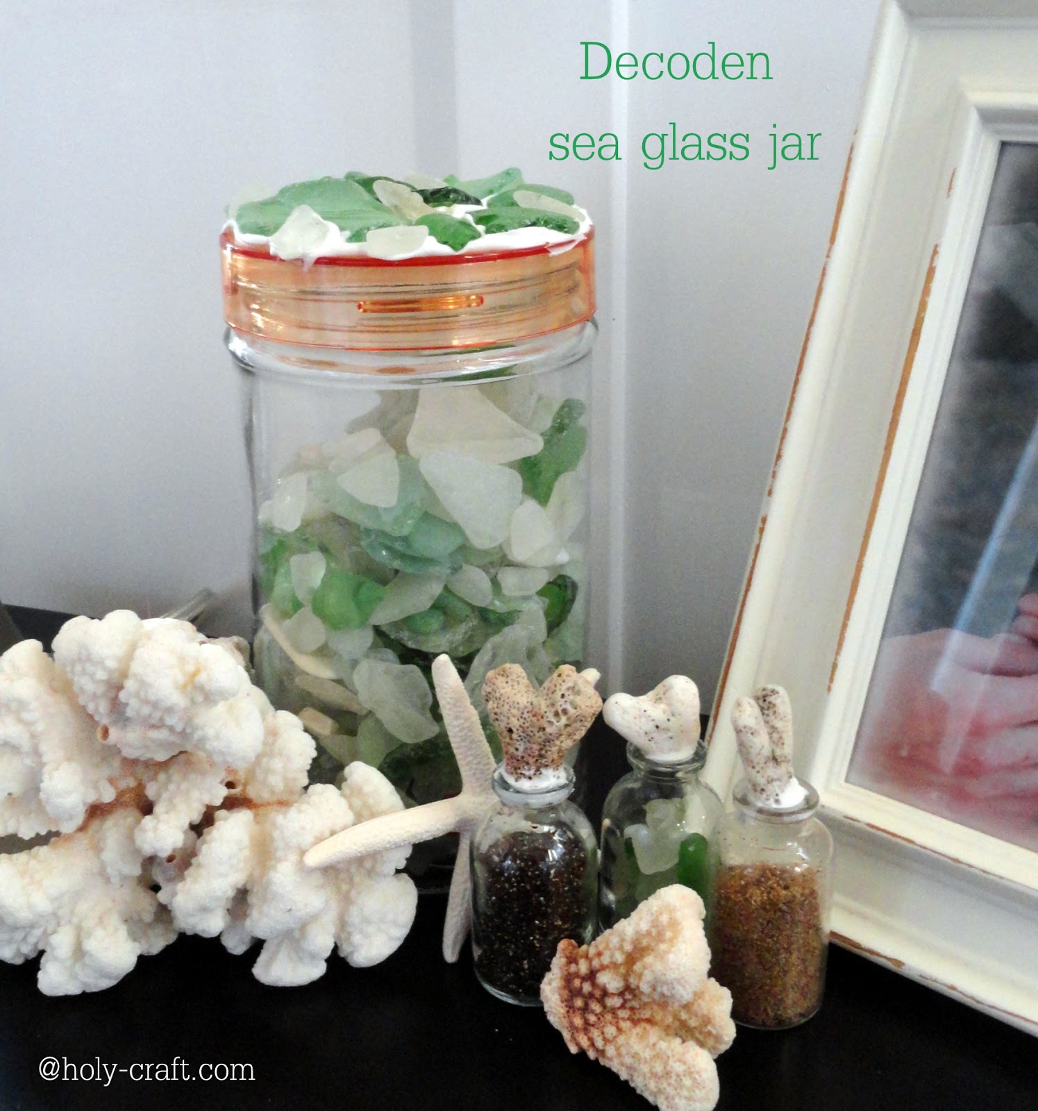 Sea glass jar using mod podge collage clay Rachel Teodoro