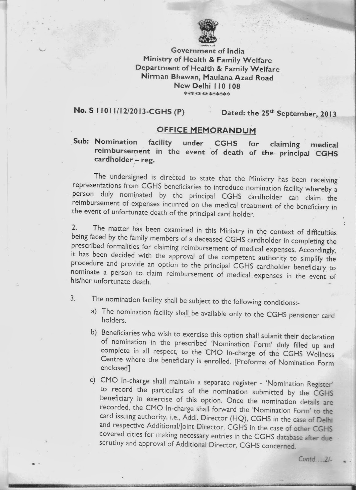 Nomination Facility under CGHS for Claiming Medical Reimbursement in