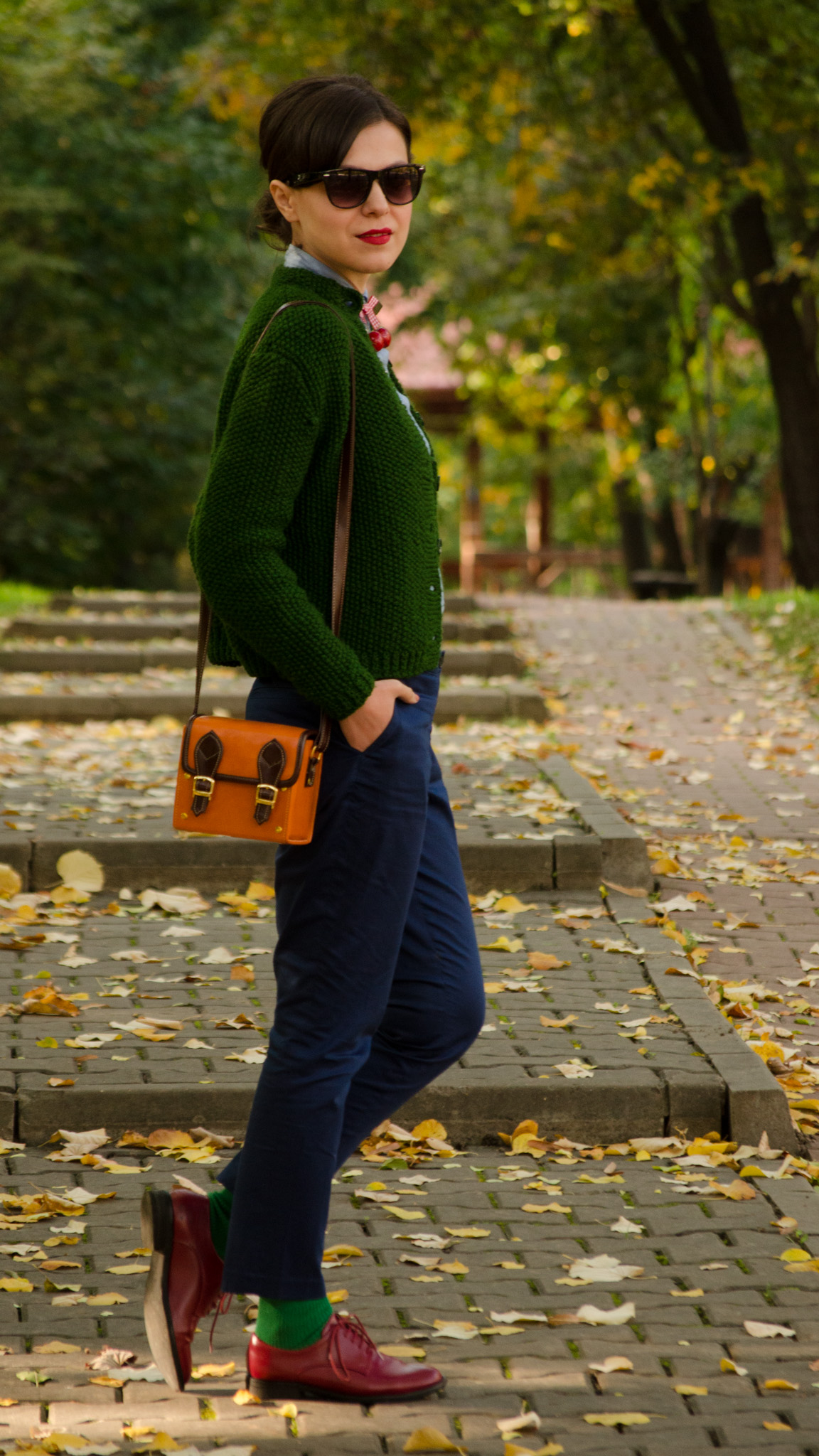 navy blue pants knitted green sweater shirt mustard square bag cherries h&m thrifted  burgundy man shoes oxford 