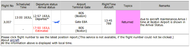 Flight status of JL007 shown on JAL website