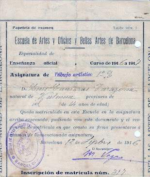 1916.- L. Causarás alumno Dibujo Artístico. Escuela de Artes y Oficios y Bellas Artes de Barcelona.
