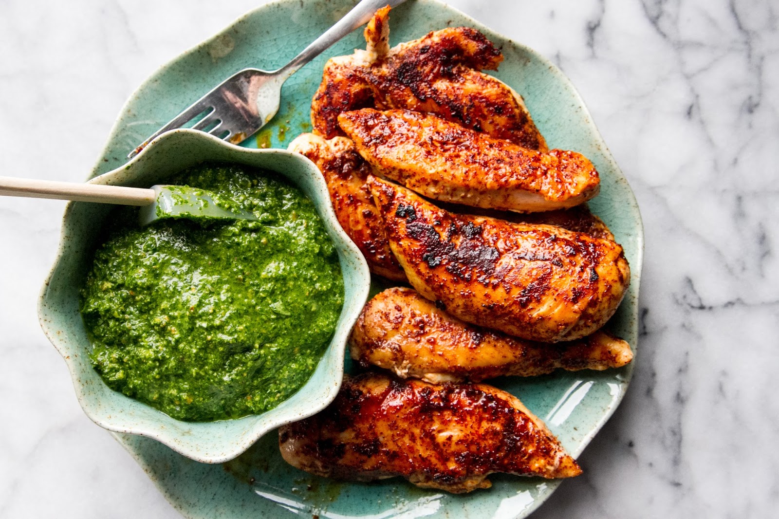 Chili Chicken Tenders with Cilantro Lime Pesto